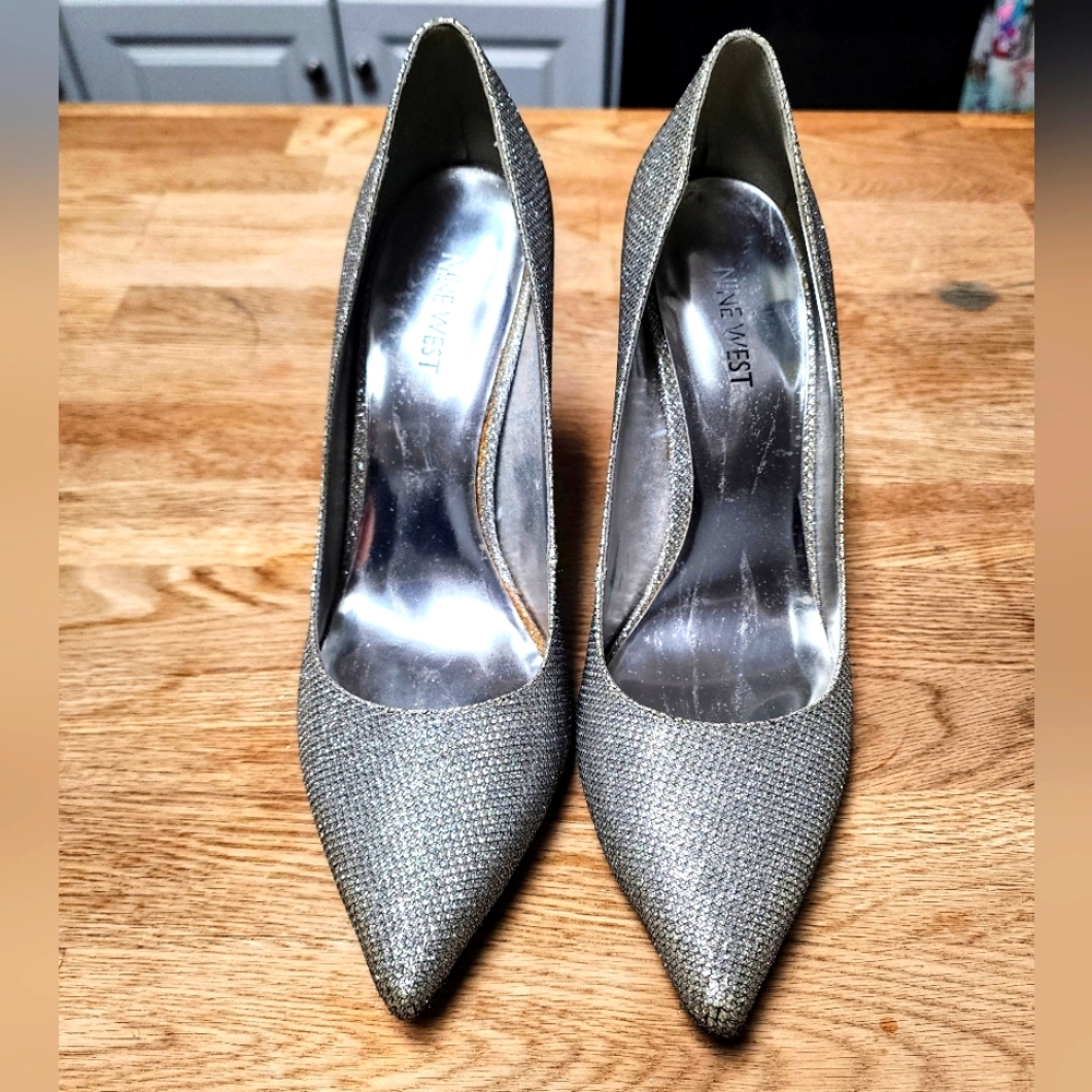 Nine West Women's Silver Sparkle Heels, 8.5